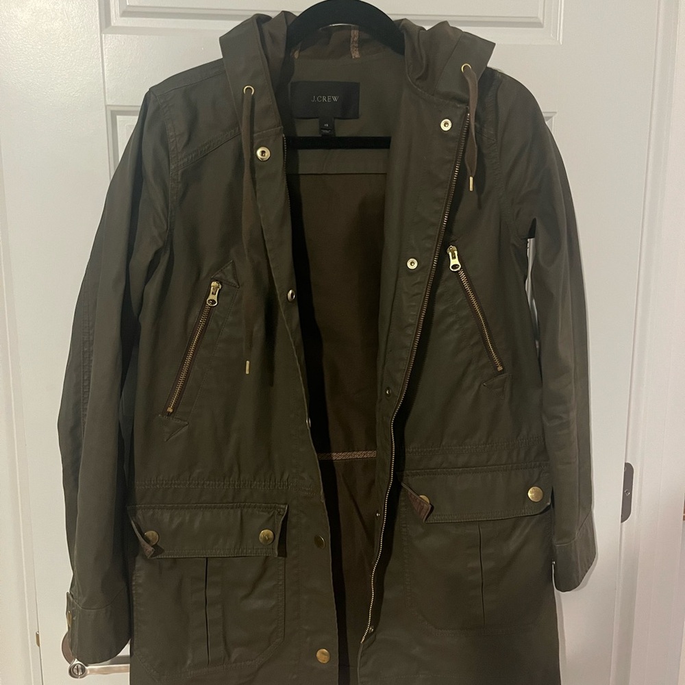 J. Crew Waxed green Hooded Jacket